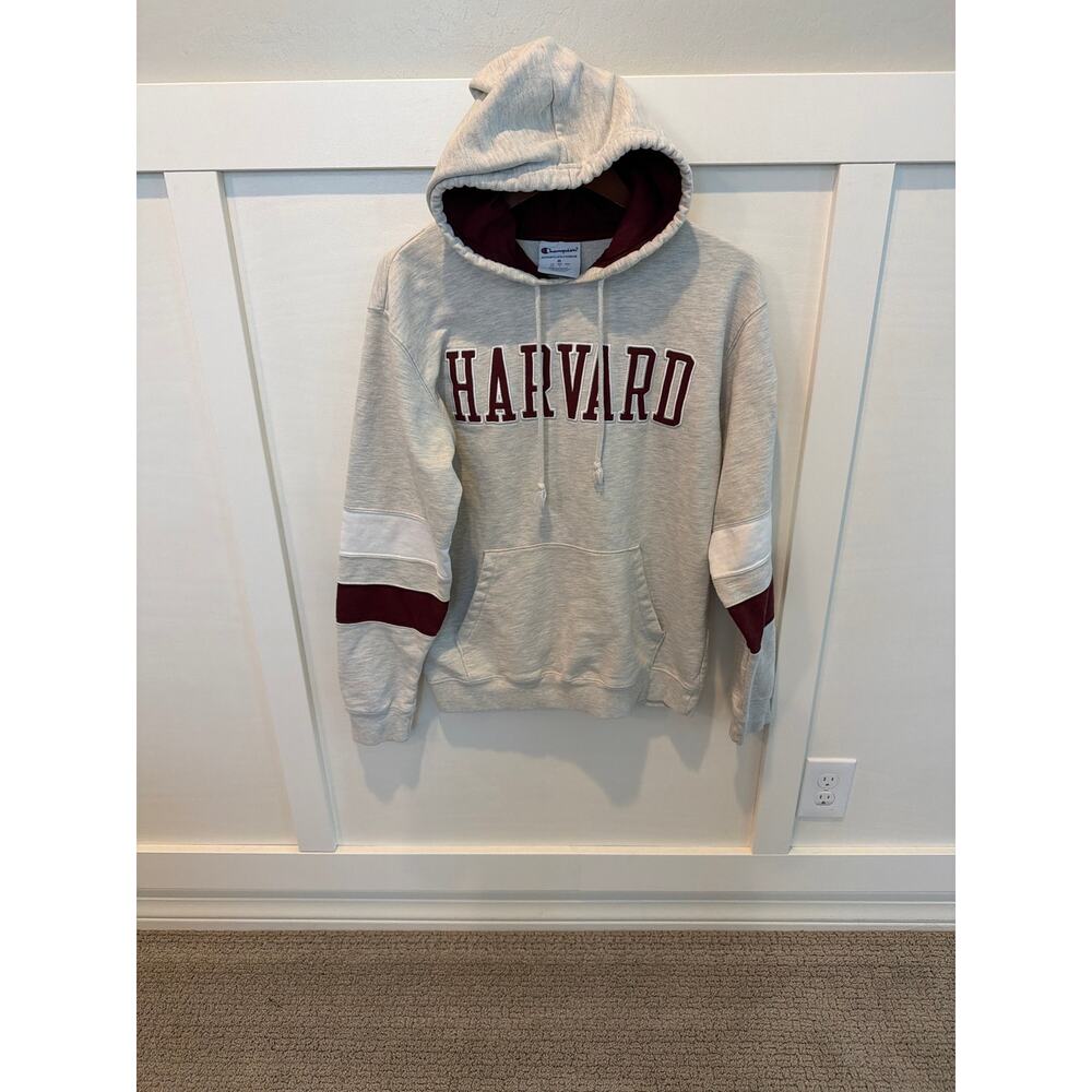Champion Harvard Pullover Hoodie Medium Cream & Maroon Collegiate Sweatshirt